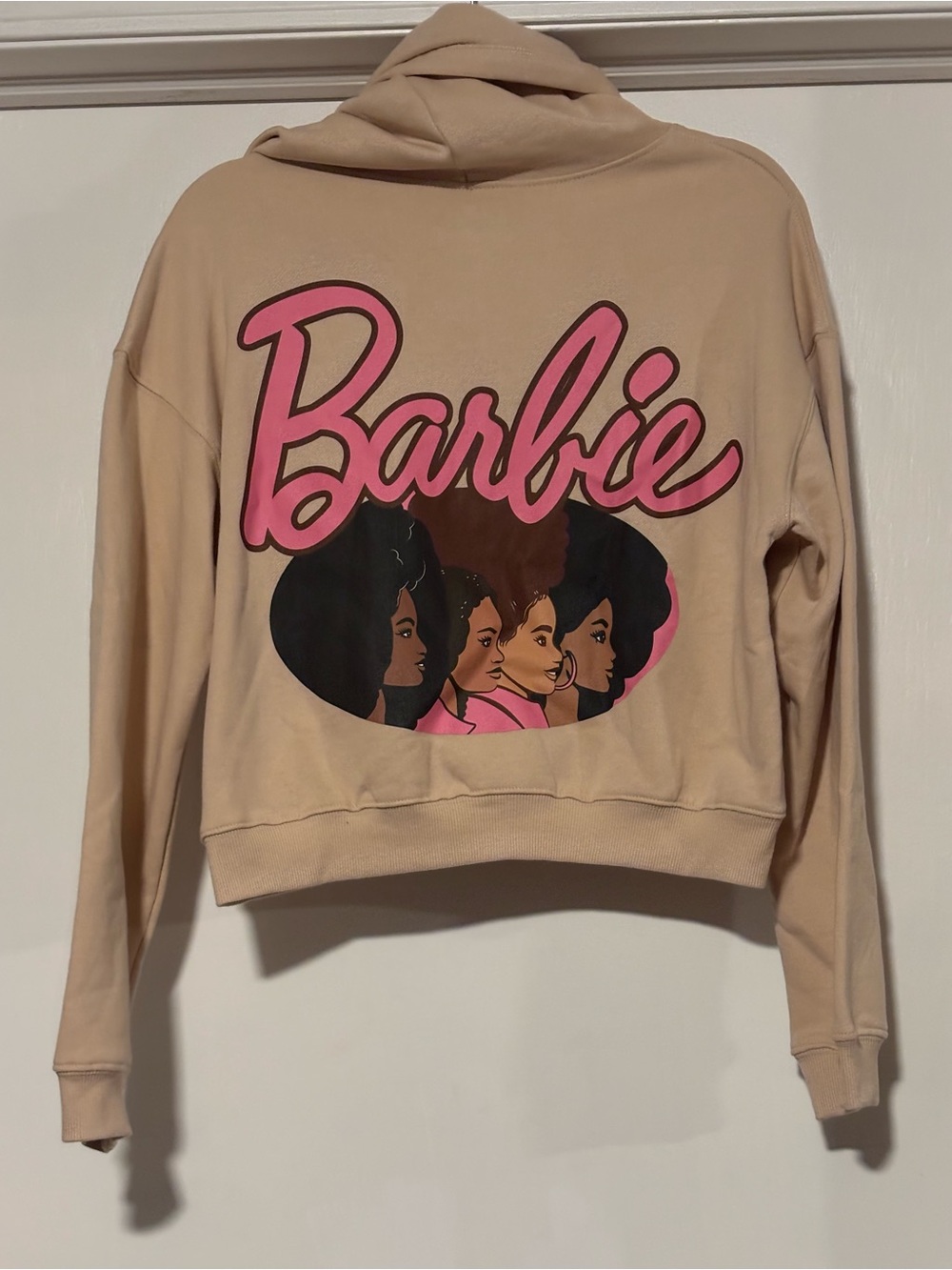 Barbie Tan Cropped Hoodie with Pink Logo and Multicolor Graphic